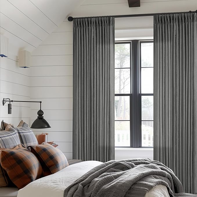 Dark Grey 80 Inch Pinch Pleated Linen Semi Sheer Curtains 2 Panel Set | - Image 6