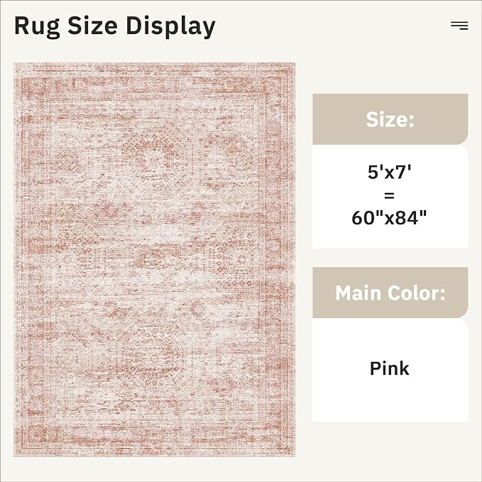 5x7 Area Rugs Pink Low Pile Indoor Washable Trendy Faded Style Rugs - Image 4