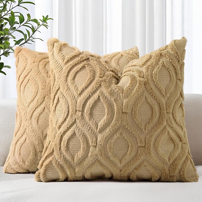 decorUhome Throw Pillow Covers 26x26 Inch Set of 2, Soft Plush Faux Wool Khaki by decorUhome