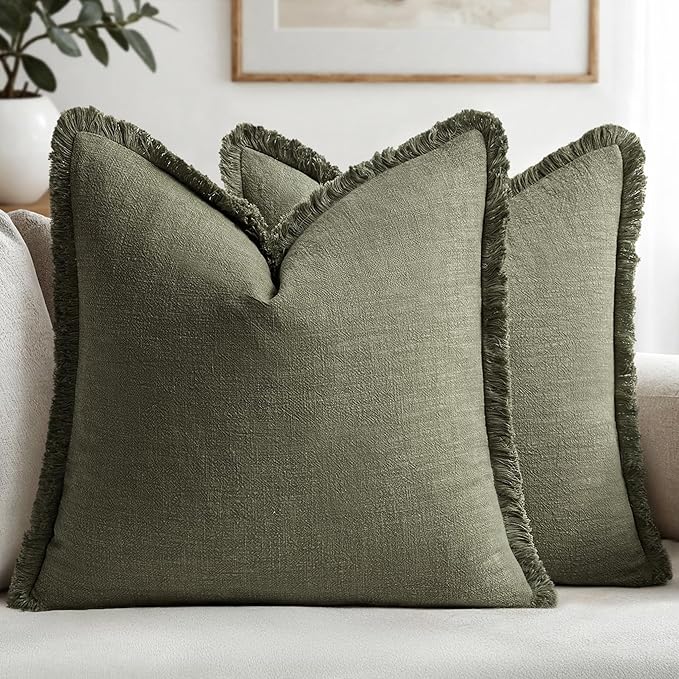 MIULEE Linen Fringe Decorative Euro Throw Pillow Covers Olive Green 22x22 | Set by MIULEE