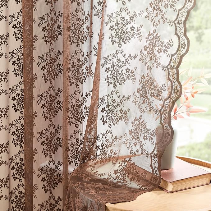 YJ YANJUN Vintage Lace Curtains 84 Inches Long-Victorian Floral Boho Brown - Image 3