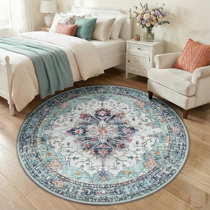 Area Rugs 5ft Washable Non-Slip, Floral Vintage Distress Print Pattern by RELEANY