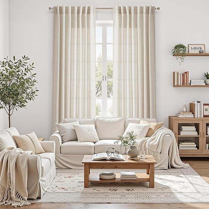 Warm Beige Linen Curtains 63 Inches Long 2 Panel Sets - Image 4