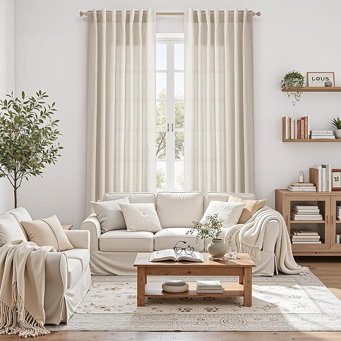 Warm Beige Linen Curtains Semi Sheer 96 Inches Long 2 Panels Set - Image 4