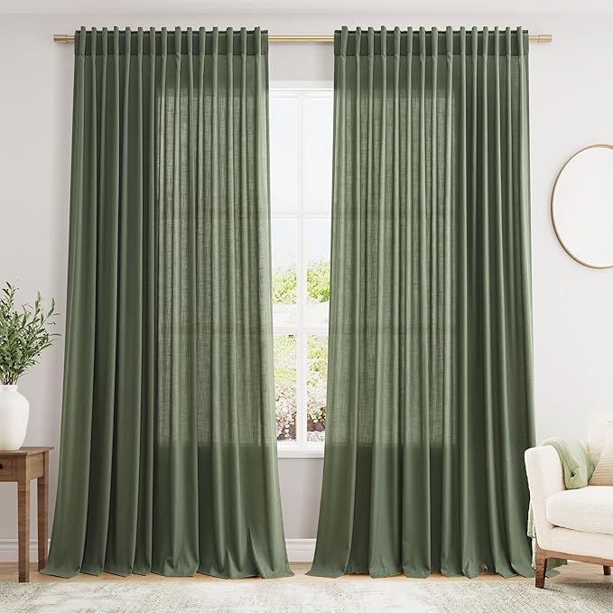 Olive Green Large Window Curtains Light Filtering Semi Sheer Privacy Linen by Nanspring