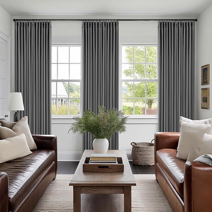 Dark Grey Pleated Thick Linen Blackout Curtains 105 Inches Long - Image 6