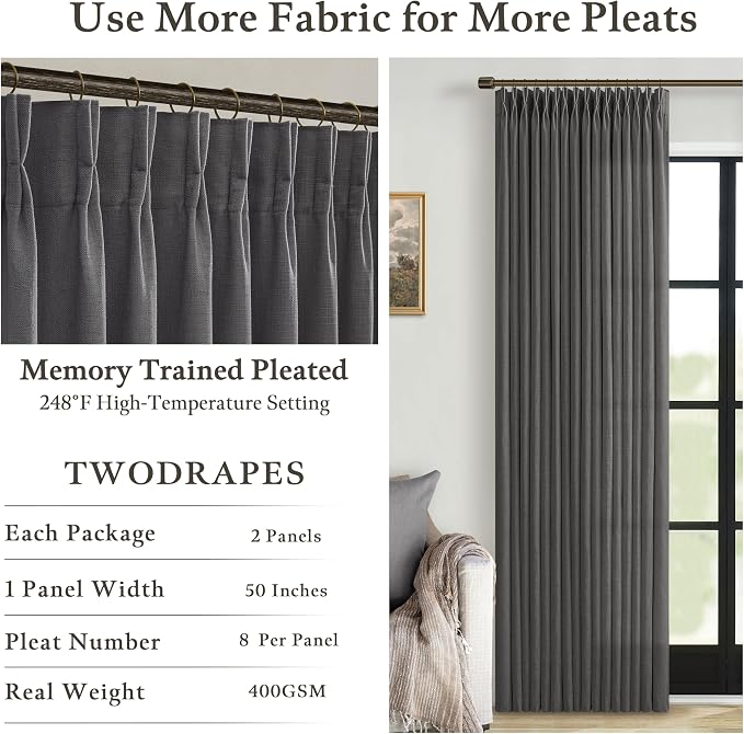 Pinch Pleat Modern Charcoal Grey Semi Sheer Thick Linen Curtains 50Wx80L | - Image 4
