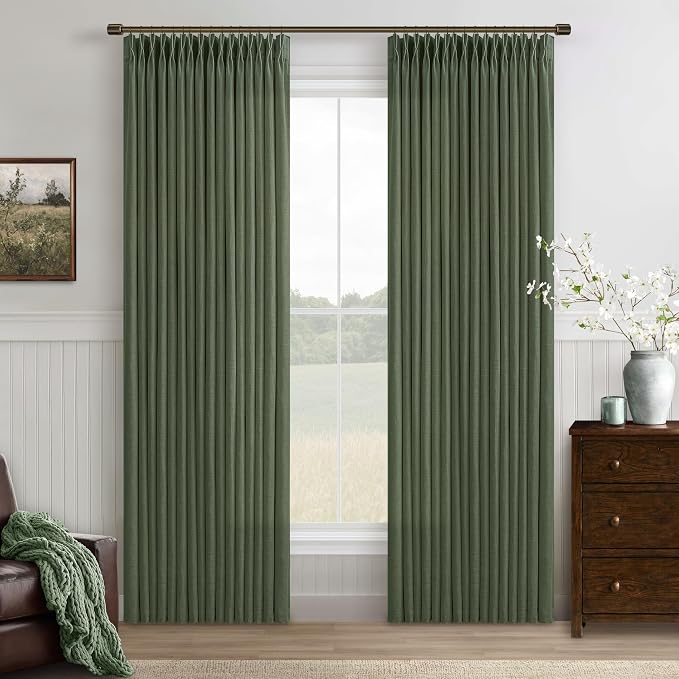 96 Inches Linen Pleated Semi Sheer Privacy Dark Green Loden Curtains 50x96 | by Twodrapes