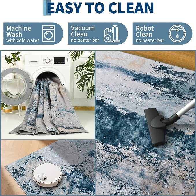Ompaa Living Room Rug 5x8 Aqua Blue Area Rug Machine Washable Boho Rug Non Slip - Image 5