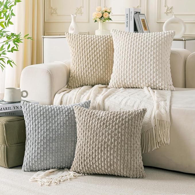 Set of 4 Neutral Decorative Throw Pillow Covers 18x18 Inch Corduroy Pillow by Cozoomy
