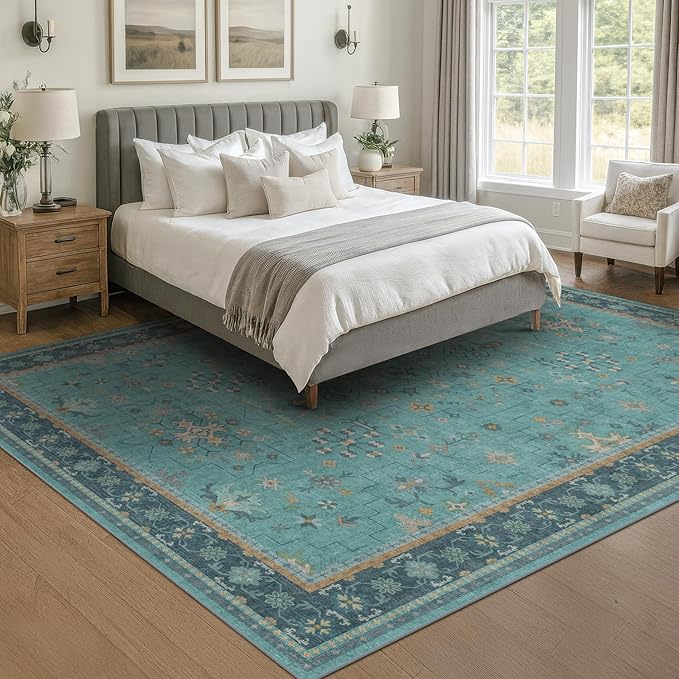 Boho 9x12 Large Teal Green Washable Living Room Rug - Image 3