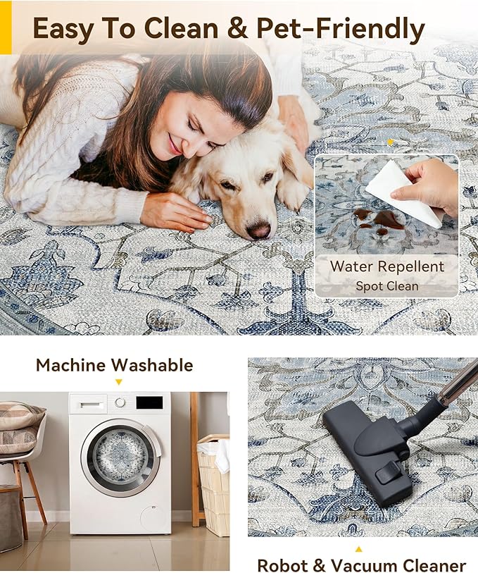 Area Rugs 7ft Washable Non-Slip, Floral Vintage Distress Print Pattern - Image 5