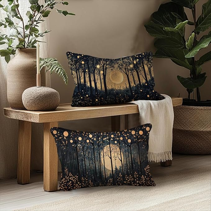 Rustic William Morris Inspired Gold Moon Pillow Covers 12x20 Set of 2, Vintage - Image 5