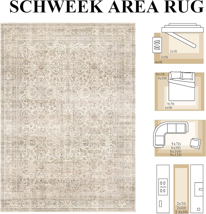 Schweek 6x9 Beige Area Rug Washable Neutral Distressed Rugs - Image 2
