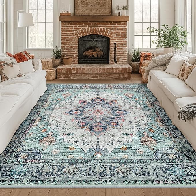 Area Rugs Square 8ft Washable Non-Slip, Floral Vintage Distress Print Pattern by RELEANY