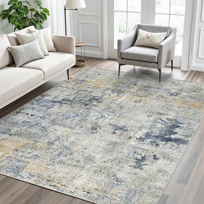 Abstract Rug 5x7 Machine Washable Area Indoor Blue Yellow Low Pile Non-Slip - Image 2