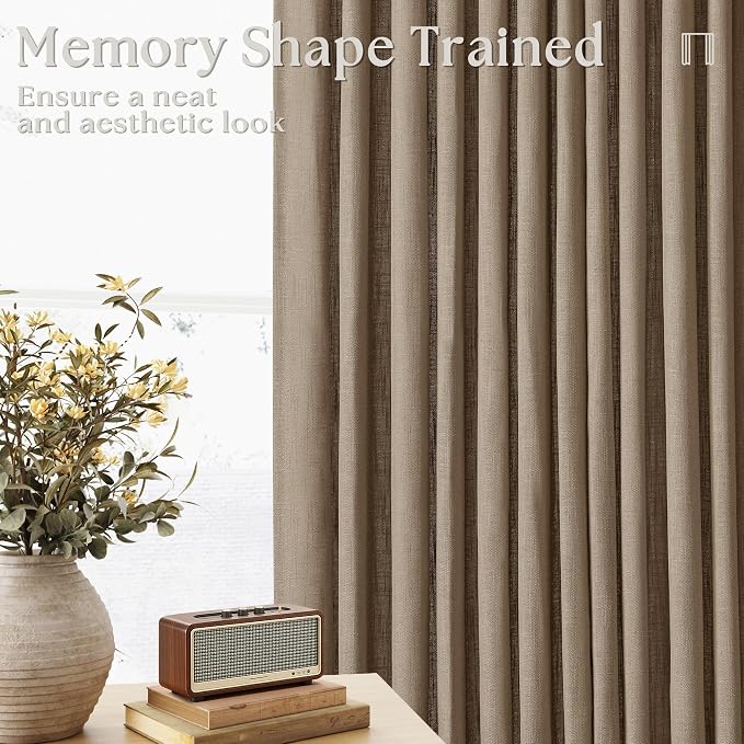 100 Inch Linen Blend Light Brown Memory Shape Pleated Curtains 2 Panels | - Image 4