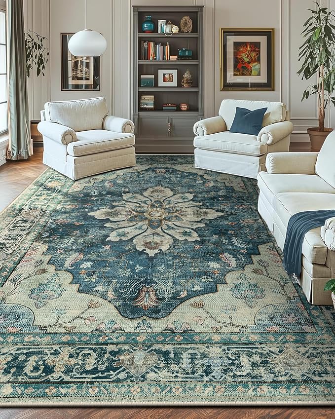 Area Rugs 10'x14' Washable Non-Slip, Floral Vintage Distress Print Pattern by RELEANY