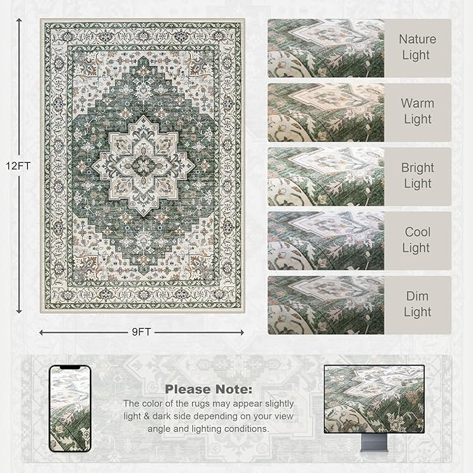 Area Rugs 9x12 Living Room Rug: Washable Rug Soft Vintage Boho Medallion Carpet - Image 2