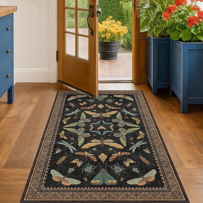 Green and Black Rug for Entryway Indoor- 3x6 Kitchen Floor Mats Non Slip by HazoHaus