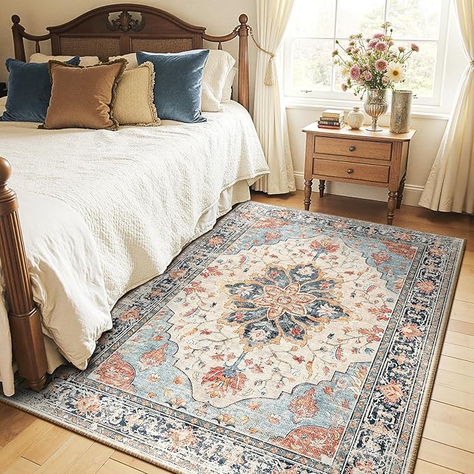 Area Rugs 4'x6' Washable Non-Slip, Floral Vintage Distress Print Pattern - Image 2