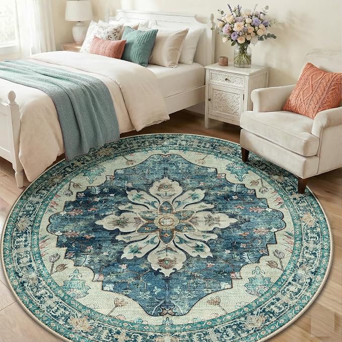 RELEANY Area Rugs 6ft Washable Non-Slip, Floral Vintage Distress Print Pattern - Image 3