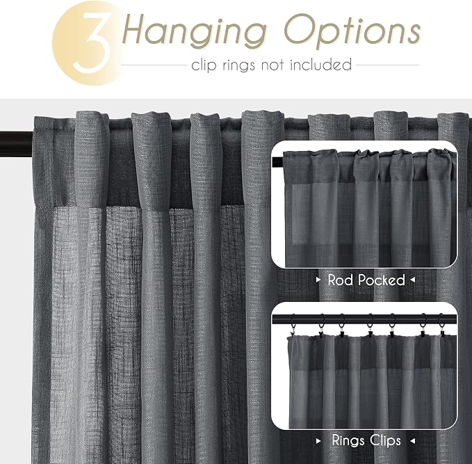 Dark Gray Curtains for Living Room Back Tab Modern Farmhouse Semi Sheer Gray - Image 2