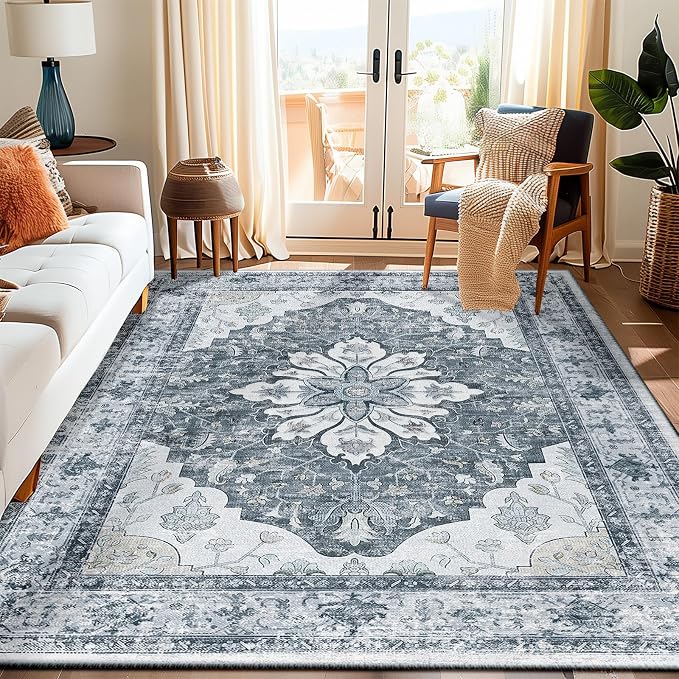Area Rugs 5'x7' Washable Non-Slip, Floral Vintage Distress Print Pattern by RELEANY