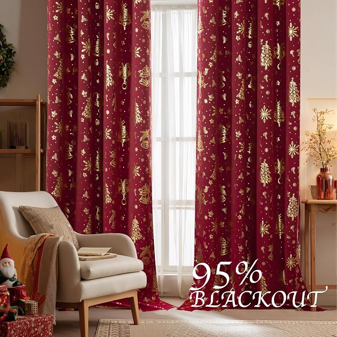 NICETOWN 2 Panels Christmas Red Curtains 52 x 84 Inch, Xmas Theme Window - Image 3