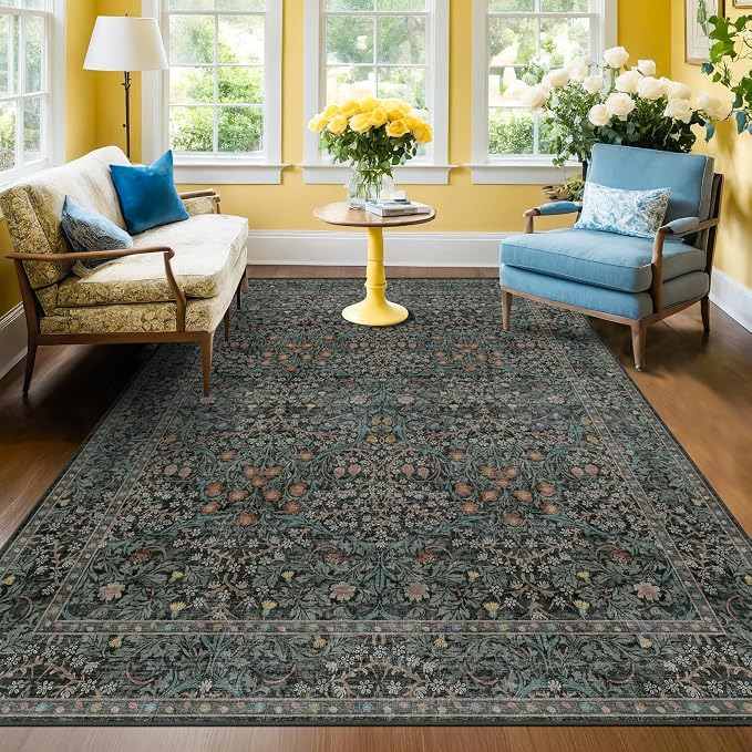 Dark Green Floral Living Room Rug 5x7 Area Rug by HazoHaus