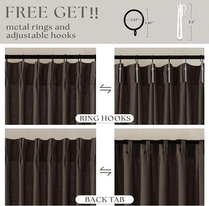 Dark Chocolate 102 Inch Pinch Pleated Semi Sheer Linen Curtains 2 Panels | - Image 5