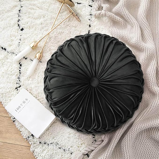 HIG Set of 2 Decorative Round Pleated Throw Pillows, Classy Accent Pumpkin - Image 5
