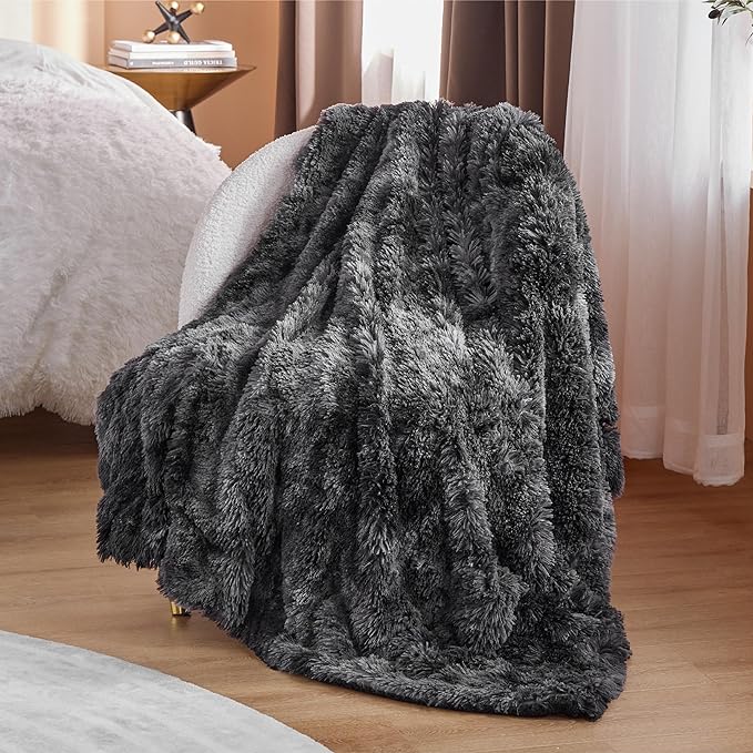 Bedsure GentleSoft Fuzzy Sherpa Faux Fur Twin Blanket Tie Dye Black Cozy Gifts - Image 5