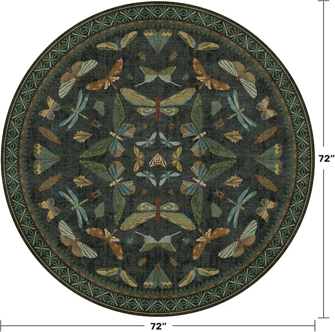 Dark Green Insect 6ft Round Washable Area Rug - Image 2