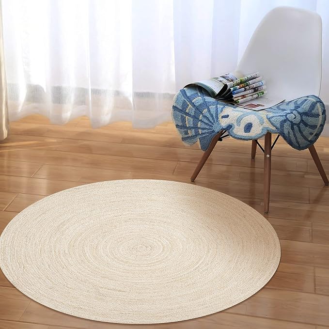 Hausattire Hand Woven Jute Braided Rug, 3’ Round – Off White, Reversible Boho - Image 2