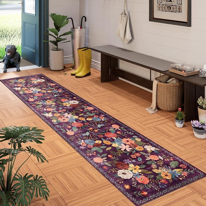 Floral Hallway Runner Carpet Non-Slip, 2x10 Washable Rug Ultra-Thin Soft - Image 2