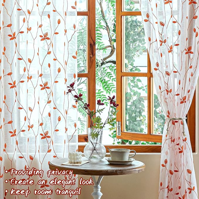 AmHoo 2 Panels Embroidered Leaf Pattern Semi Sheer Curtains Foliage Floral - Image 6