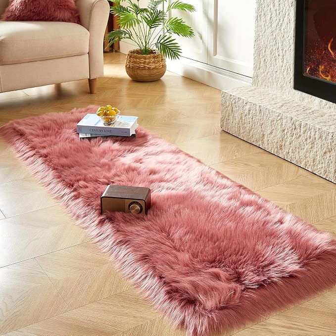 AMTOVO Faux Fur Rug, Blush Pink Ultra Soft Fluffy Shag Sheepskin Rug, 2 x 6 ft - Image 2