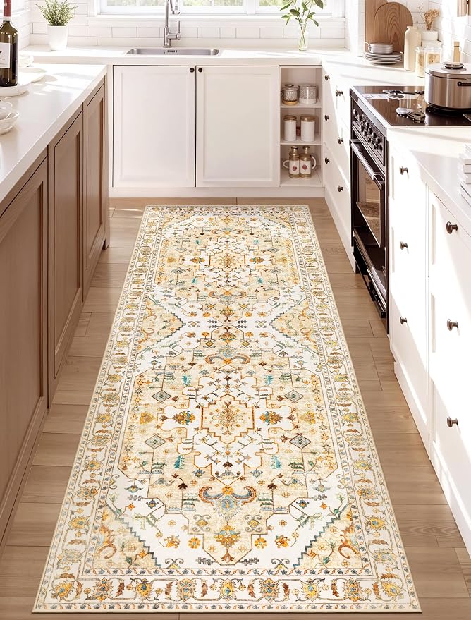 SERISSA Boho Washable Runner Rug, 2x6 Rug Runner Non-Slip Vintage Light Yellow by SERISSAHomeDecorCollection