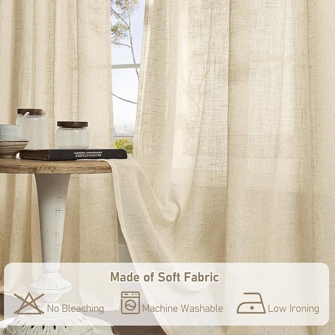 LAMIT Linen Curtains 63 Inch for Bedroom, Light Filtering Neutral Semi Sheer - Image 9