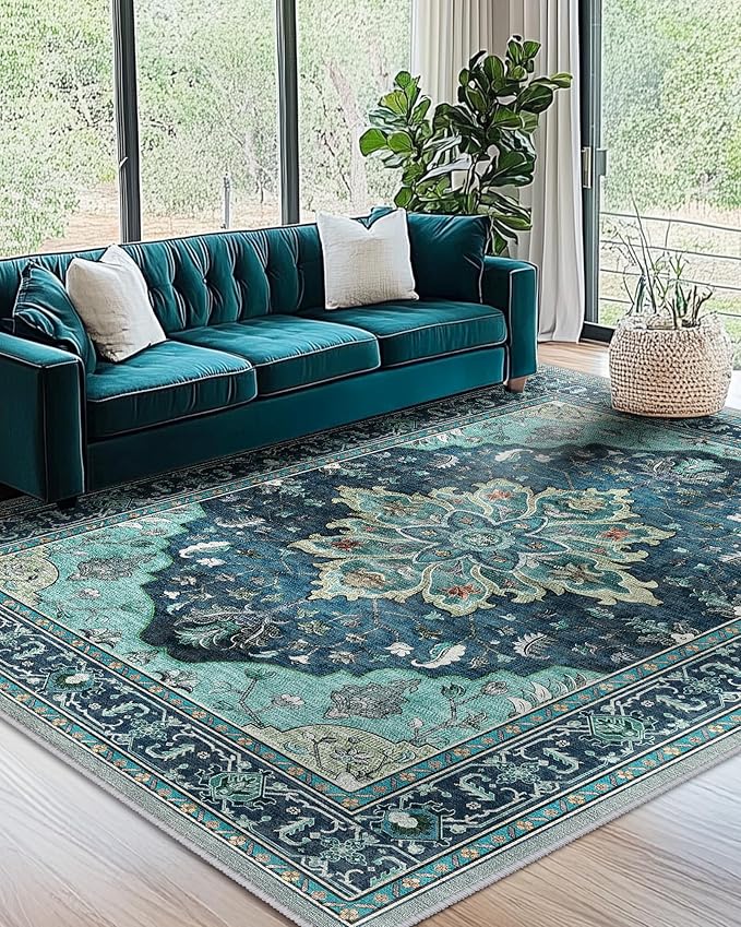 Area Rugs 7'x9' Washable Non-Slip, Floral Vintage Distress Print Pattern by RELEANY