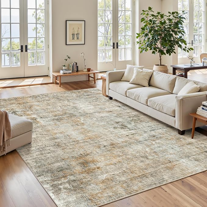 Abstract Rug 5x7 Machine Washable Area Indoor Orange Low Pile Non-Slip Foldable by Soalmost