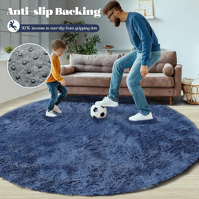Navy Blue Round Rugs for Bedroom: 4ft Circle Fluffy Shag Soft Washable Rug - Image 7