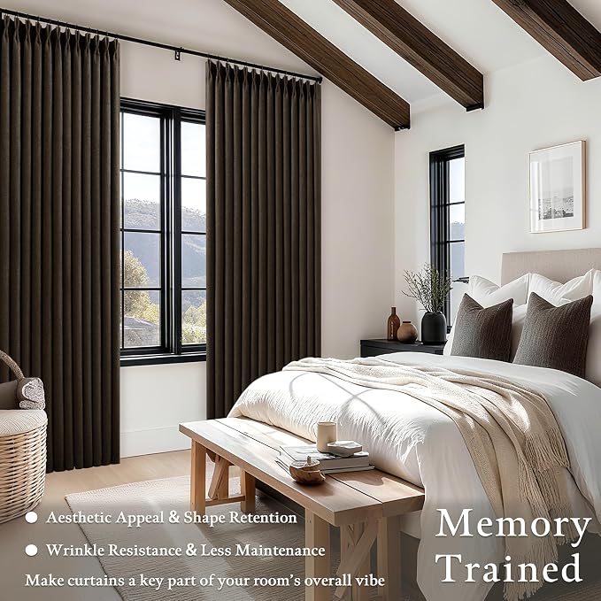 Dark Brown Pleated Double Layer Thick Linen Curtains 90 Inches Long | - Image 2