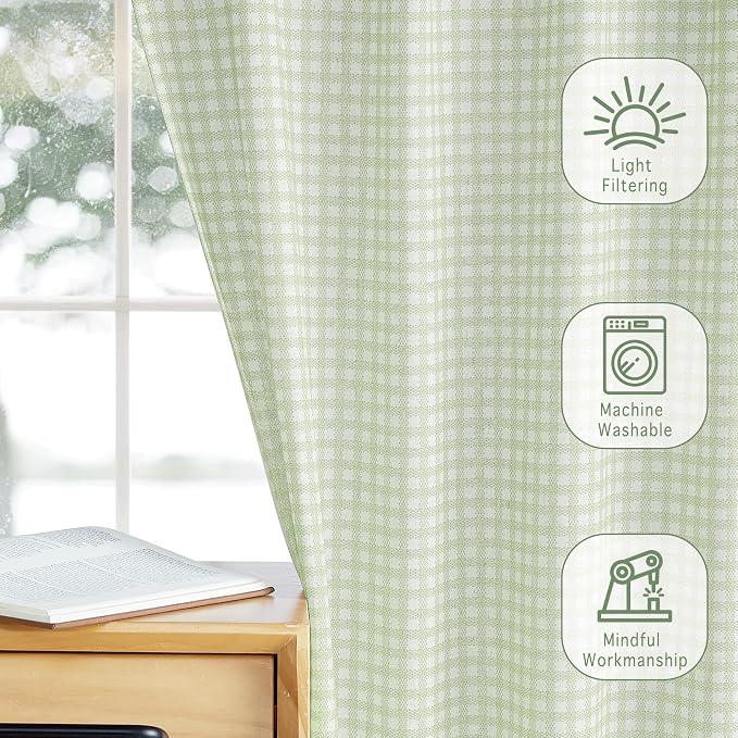 RYB HOME Sage Green Cafe Curtains Rustic Plaid Kithen Tier, Classic Short - Image 6