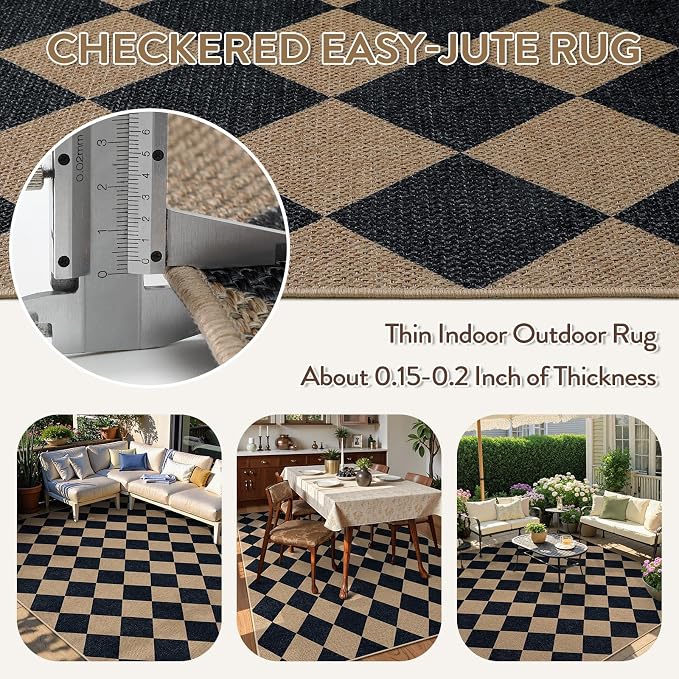 Lahome Colette Checkered Easy Jute Patio Rug, 6x9 Washable Indoor Outdoor Rug - Image 3