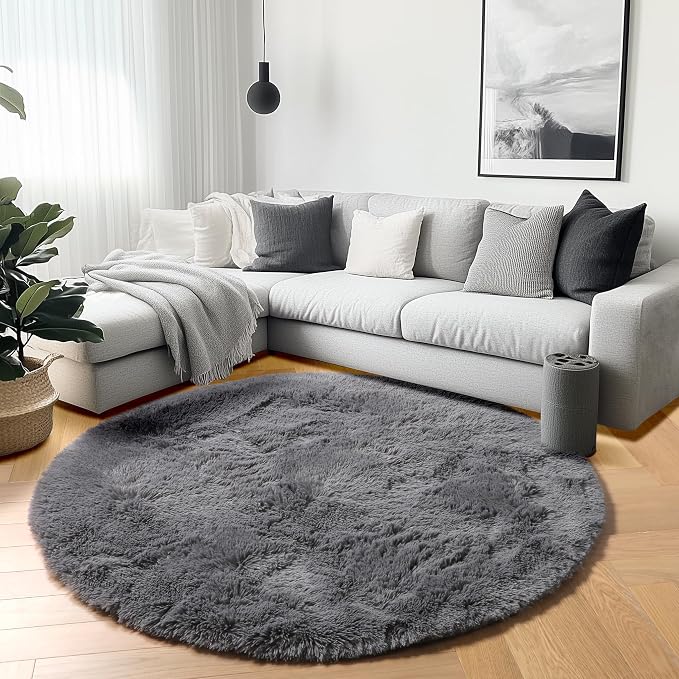 ONASAR Grey Round Area Rugs 6ft, Fluffy Gray Soft Bedroom Circle Rug - Image 5