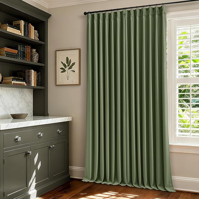 108 Inch Olive Green Linen Pinch Pleated Blackout Curtains Dual Layer | 100% - Image 7