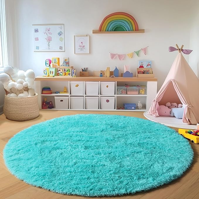 ONASAR Teal Blue Round Area Rug 4ft, Soft Fluffy Bedroom Bedside Floor Circle - Image 5