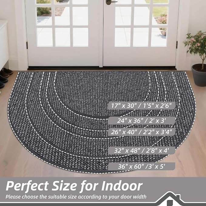 BEQHAUSE Dirt Trapper Door Mat 17" x 30" Half Circle Non Slip, Charcoal | - Image 2